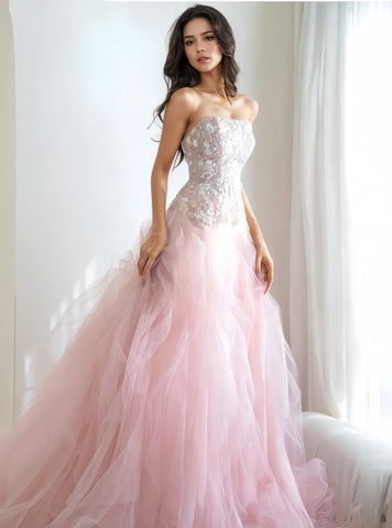 Appliques Tulle Strapless Pink Flowers A Line Prom Dress