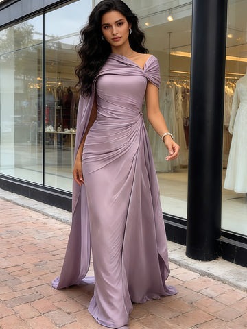 Strapless Satin Purple Shawl A Line Prom Dress