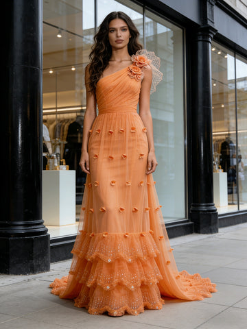 Ruffles Orange Tulle One Shoulder Sparkle Prom Dress