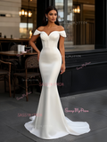 Ruched Trumpet Mermaid Off The Shoulder Satin Wedding Dress