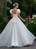 Princess A Line Satin Puffy Sleeve Wedding Dress