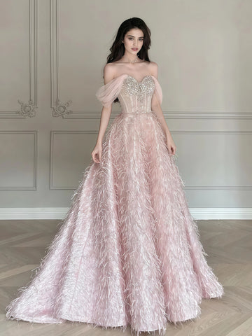 Ruffles Pink Beading Feather Off The Shoulder Prom Dress