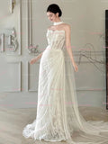 A Line Lace Tulle Lace Strapless Wedding Dress