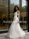 V Neck Trumpet Mermaid Appliques Long Sleeve Tulle Wedding Dress