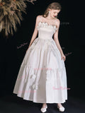 Spaghetti Straps A Line Satin Flower Wedding Dress