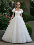 Princess A Line Satin Puffy Sleeve Wedding Dress