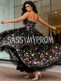 Flower Black A Line Spaghetti Straps Prom Dress