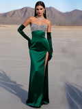 Sheath Column Green Beading Sweetheart Satin Prom Dress With Slit