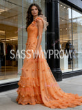 Ruffles Orange Tulle One Shoulder Sparkle Prom Dress