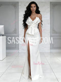 Spaghetti Straps Satin A Line Bow A Line Wedding Dress With Slit