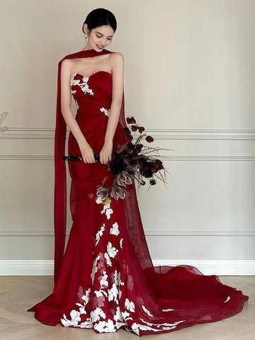 Trumpet Mermaid Tulle Appliques Sweetheart Prom Dress With Shawl