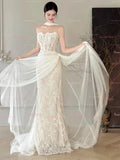 A Line Lace Tulle Lace Strapless Wedding Dress