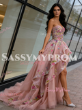 Tulle Pink Ruffles A Line High Low Prom Dress