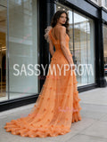 Ruffles Orange Tulle One Shoulder Sparkle Prom Dress