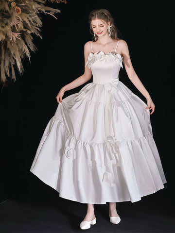 Spaghetti Straps A Line Satin Flower Wedding Dress