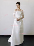 Off The Shoulder Satin Long Sleeve Flowers Wedding Dress