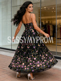 Flower Black A Line Spaghetti Straps Prom Dress