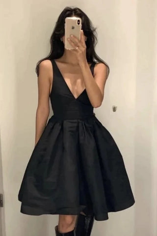 Black Backless V Neck Black Satin Homecoming Dress