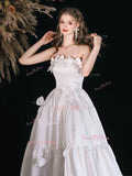 Spaghetti Straps A Line Satin Flower Wedding Dress
