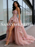 Tulle Pink Ruffles A Line High Low Prom Dress
