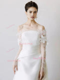 Off The Shoulder Satin Long Sleeve Flowers Wedding Dress