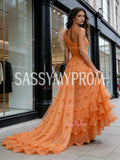 Ruffles Orange Tulle One Shoulder Sparkle Prom Dress