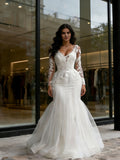 V Neck Trumpet Mermaid Appliques Long Sleeve Tulle Wedding Dress