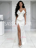 Spaghetti Straps Satin A Line Bow A Line Wedding Dress With Slit