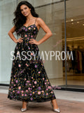 Flower Black A Line Spaghetti Straps Prom Dress