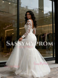 V Neck Trumpet Mermaid Appliques Long Sleeve Tulle Wedding Dress