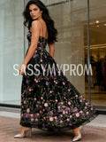 Flower Black A Line Spaghetti Straps Prom Dress