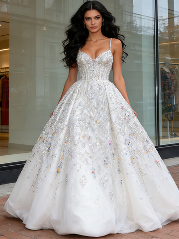 Sparkle Tulle A Line Beading Spaghetti Strap Wedding Dress