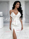 Spaghetti Straps Satin A Line Bow A Line Wedding Dress With Slit