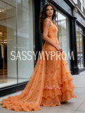 Ruffles Orange Tulle One Shoulder Sparkle Prom Dress