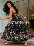 Flower Black A Line Spaghetti Straps Prom Dress