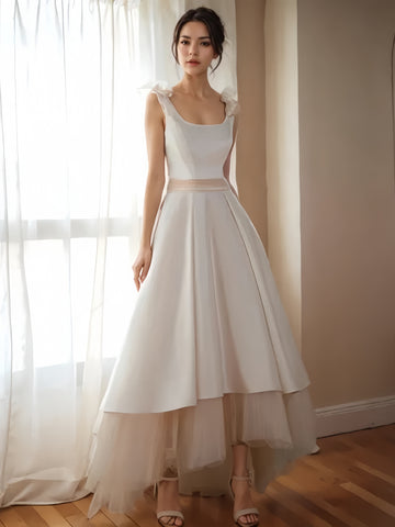 Flower Ruched Tulle Satin High Low Wedding Dress