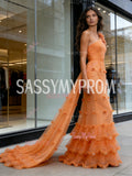 Ruffles Orange Tulle One Shoulder Sparkle Prom Dress