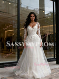 V Neck Trumpet Mermaid Appliques Long Sleeve Tulle Wedding Dress