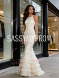 Halter Tulle Flower Beige Trumpet Mermaid Prom Dress