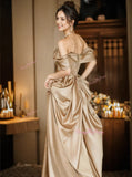 Off The Shoulder Ruched Champagne Satin A Line Prom Dress