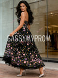 Flower Black A Line Spaghetti Straps Prom Dress