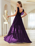 Purple V Neck High Low Chiffon Prom Dress