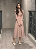 Belted Waist Long Sleeves Dusty Rose Maxi Dress