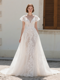 Lace A Line V Neck Cap Sleeve Wedding Dress