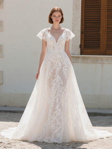 Lace A Line V Neck Cap Sleeve Wedding Dress