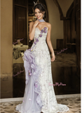 Flowers Ruffles Purple Sweetheart Prom Dress