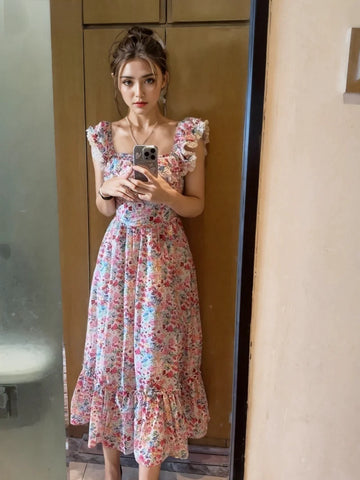 Vintage-Inspired Ruffles Floral Midi Dress