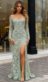 Long Sleeves Crystal Sheath Column Green Prom Dress With Slit