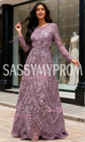 Scoop Long Sleeve Purple Lace Beading Prom Dress