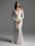 Off The Shoulder Satin Ruched Lace Long Sleeve Mermaid Wedding Dress